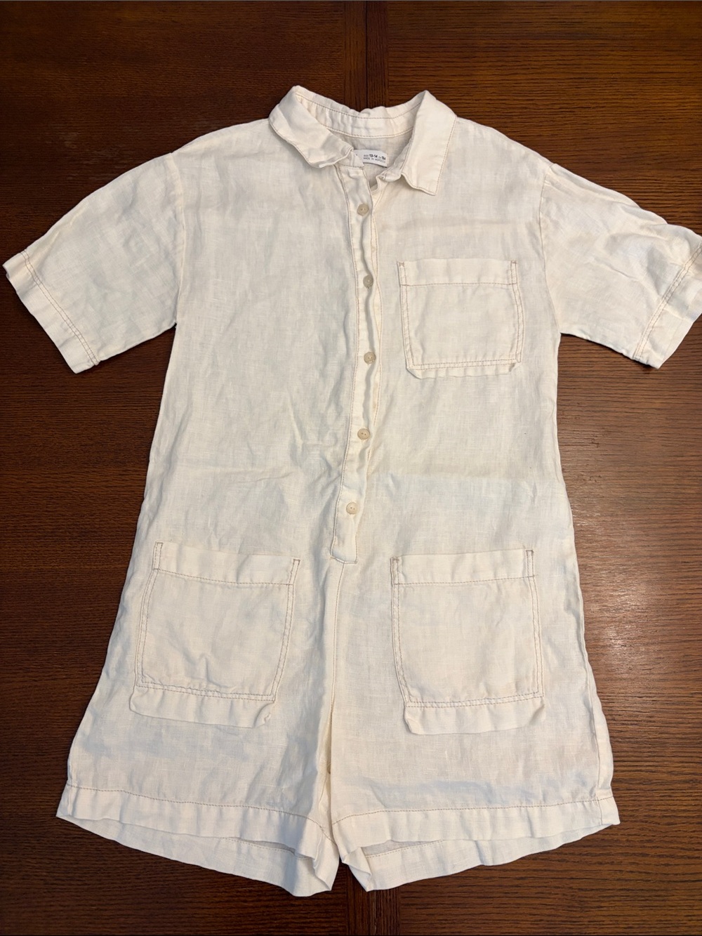 Zara Cream Short-Sleeve Linen Button-Front Romper